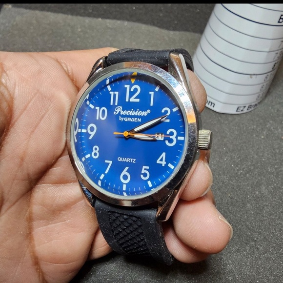 Precision By Gruen Mens Quartz Date Just Watch Working Silver Tone Blue Dial - Picture 3 of 8